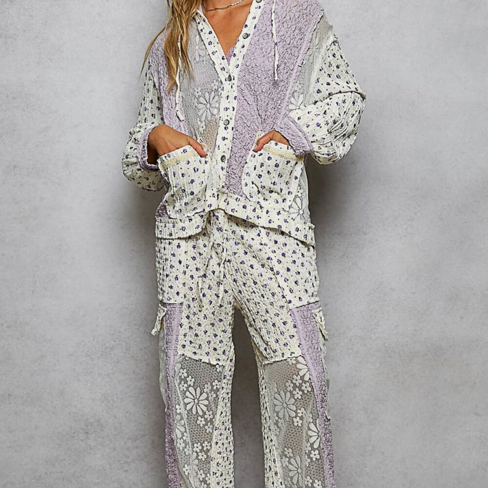 POL Cream and Light Purple Floral Patchwork Jumpsuit